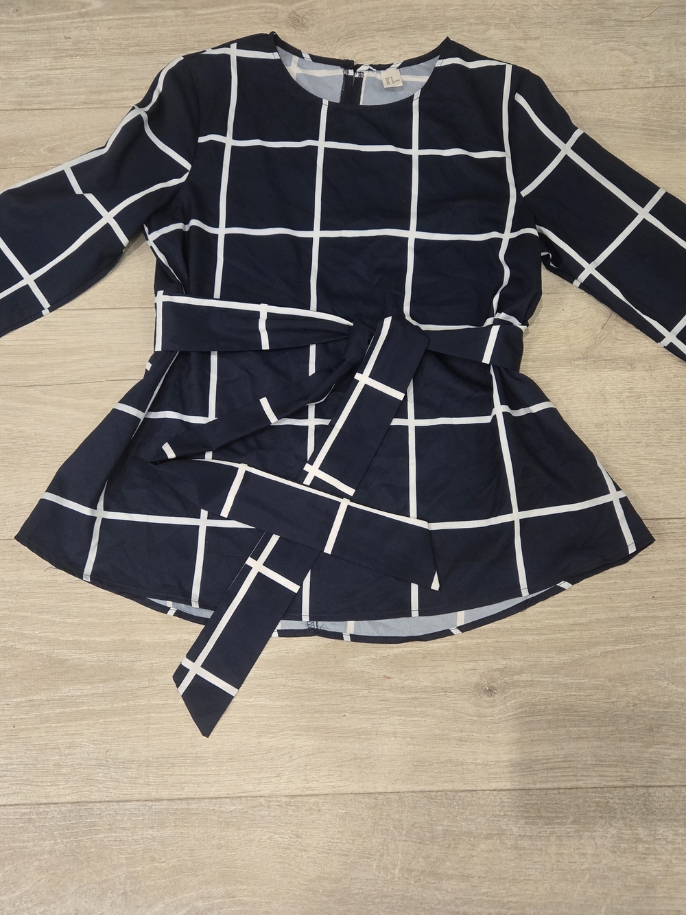 Women’s Navy Windowpane Belted Peplum Top
